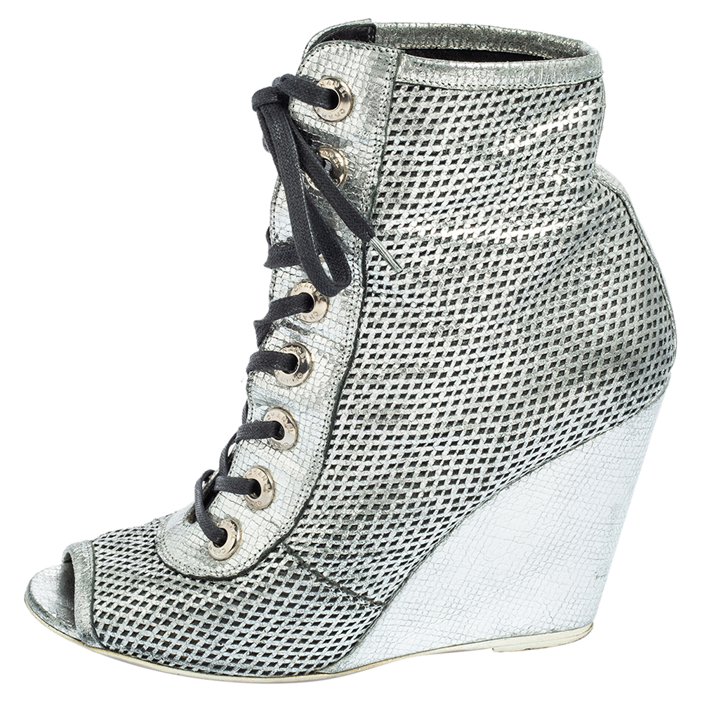 

Chanel Silver Perforated Leather Peep Toe Wedge Booties Size