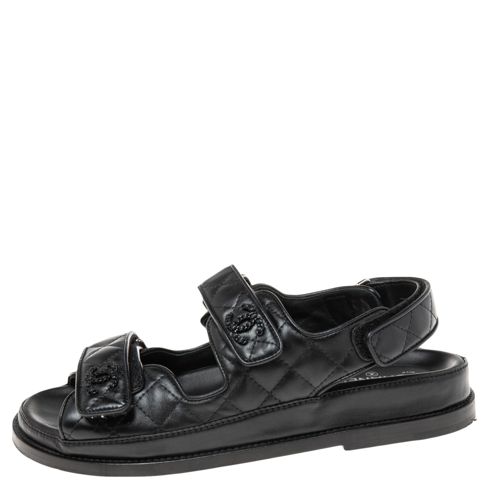 

Chanel Black Leather Velcro Flat Sandals Size