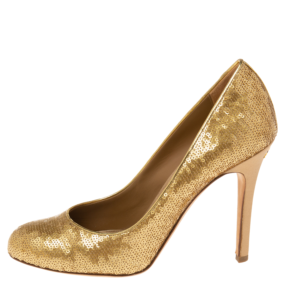 

Chanel Gold Sequins And Satin CC Round Toe Pumps