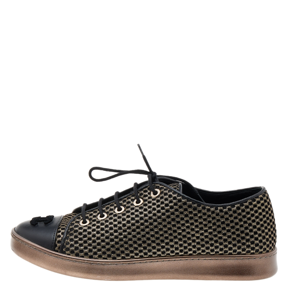 Chanel Black/Gold Mesh And Leather CC Cap Toe Low Top Sneakers Size 38  - buy with discount
