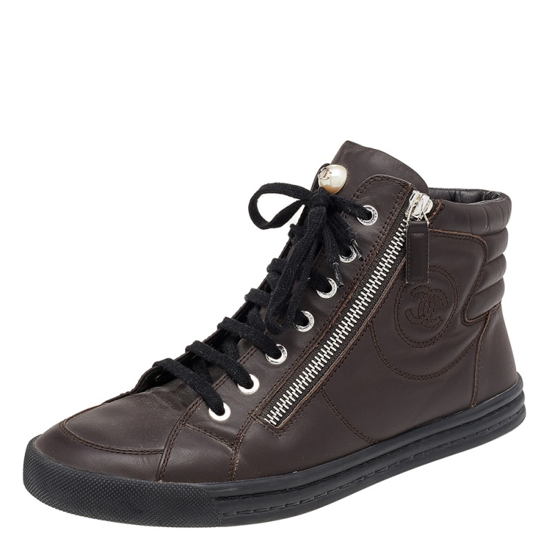 

Chanel Dark Brown Leather Double Zip CC High Top Sneakers Size