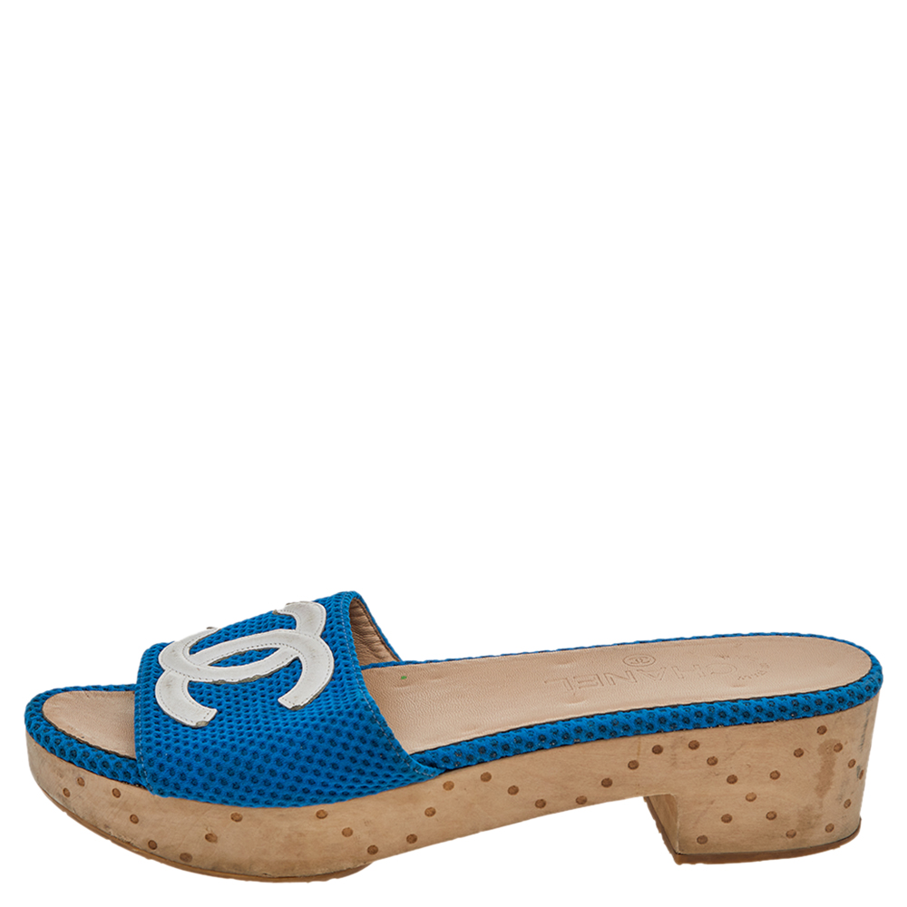 

Chanel Blue/White Mesh And Leather CC Logo Platform Slide Wooden Sandals Size