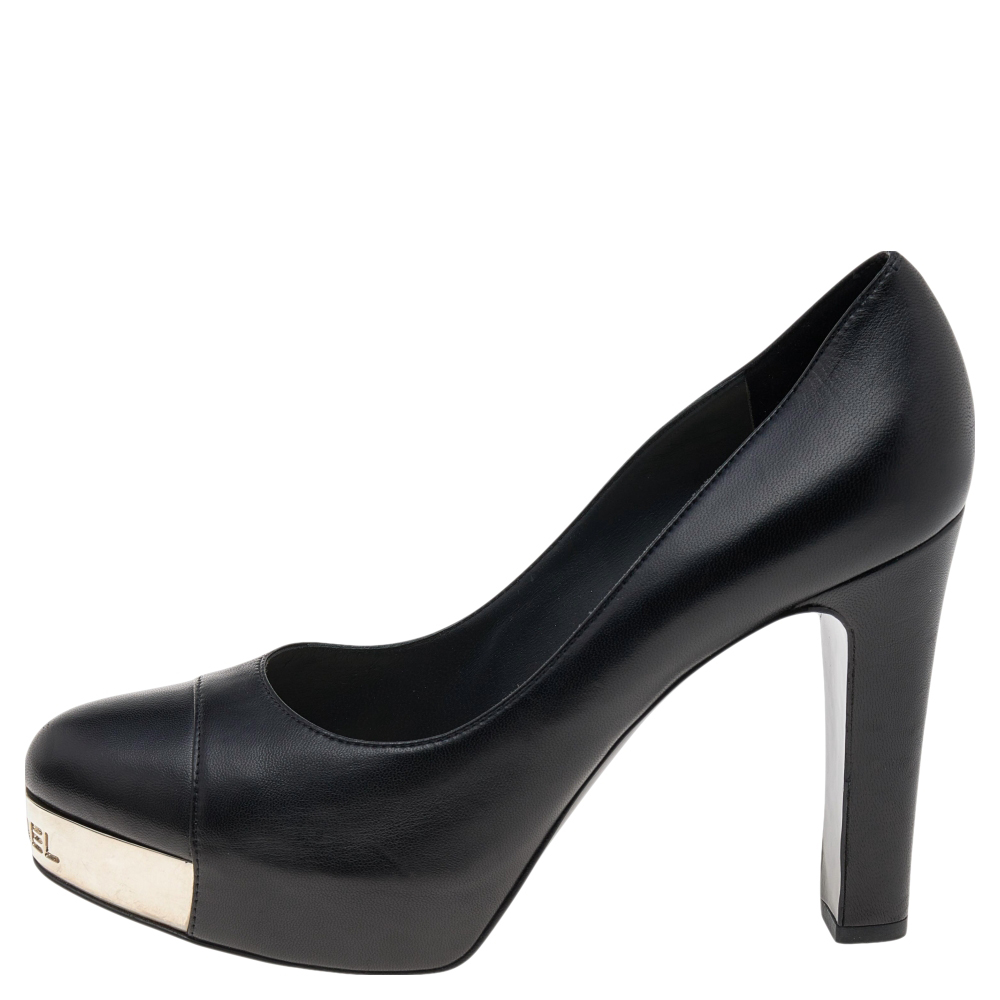 

Chanel Black Leather Cap Toe Platform Block Heel Pumps Size