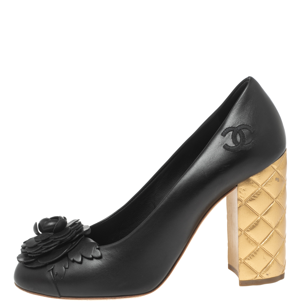 

Chanel Black Leather Camellia Cap-Toe Quilted Heel Pumps Size