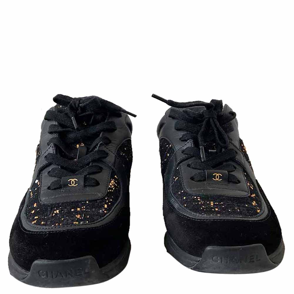 

Chanel Black Leather Suede Interlocking CC Logo Sneakers EU