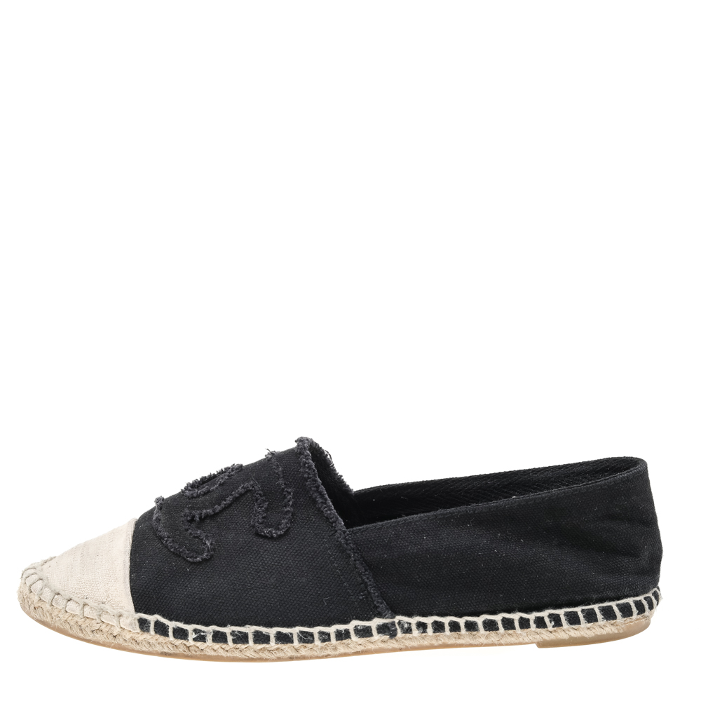 

Chanel Beige/Black Canvas CC Cap Toe Espadrille Flats Size