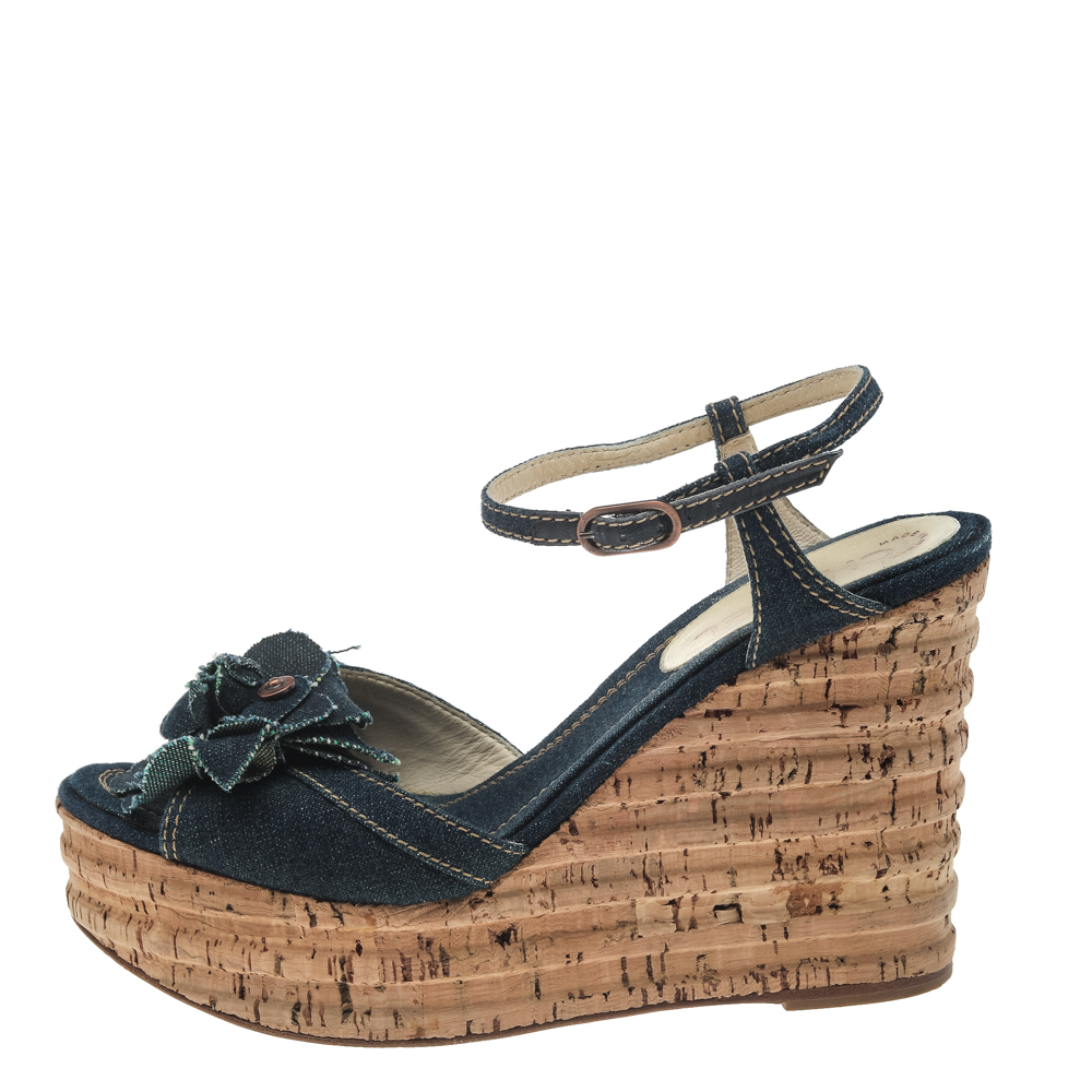 

Chanel Blue Denim Camellia Cork Wedge Platform Ankle Strap Sandals Size