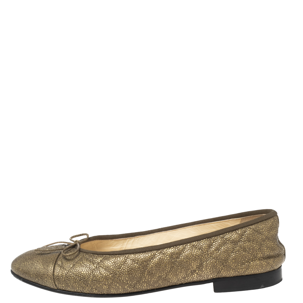 

Chanel Gold Quilted Caviar Leather Bow CC Cap Toe Ballet Flats Size