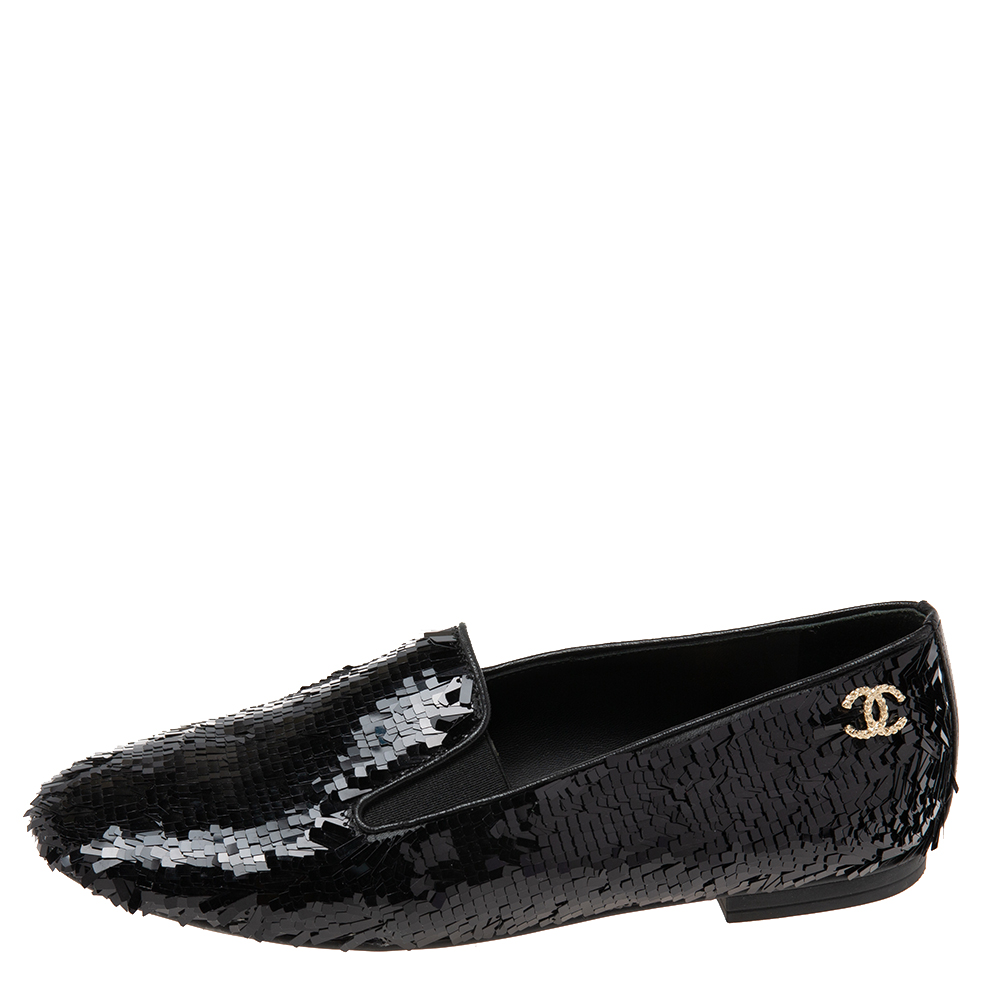 

Chanel Black Sequins CC Smoking Slippers Size