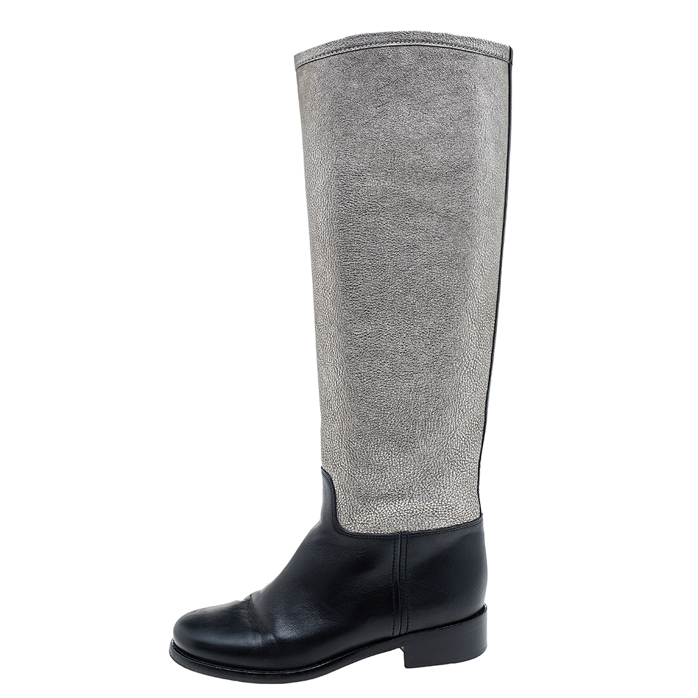

Chanel Black/Metallic Leather CC Knee Length Boots Size