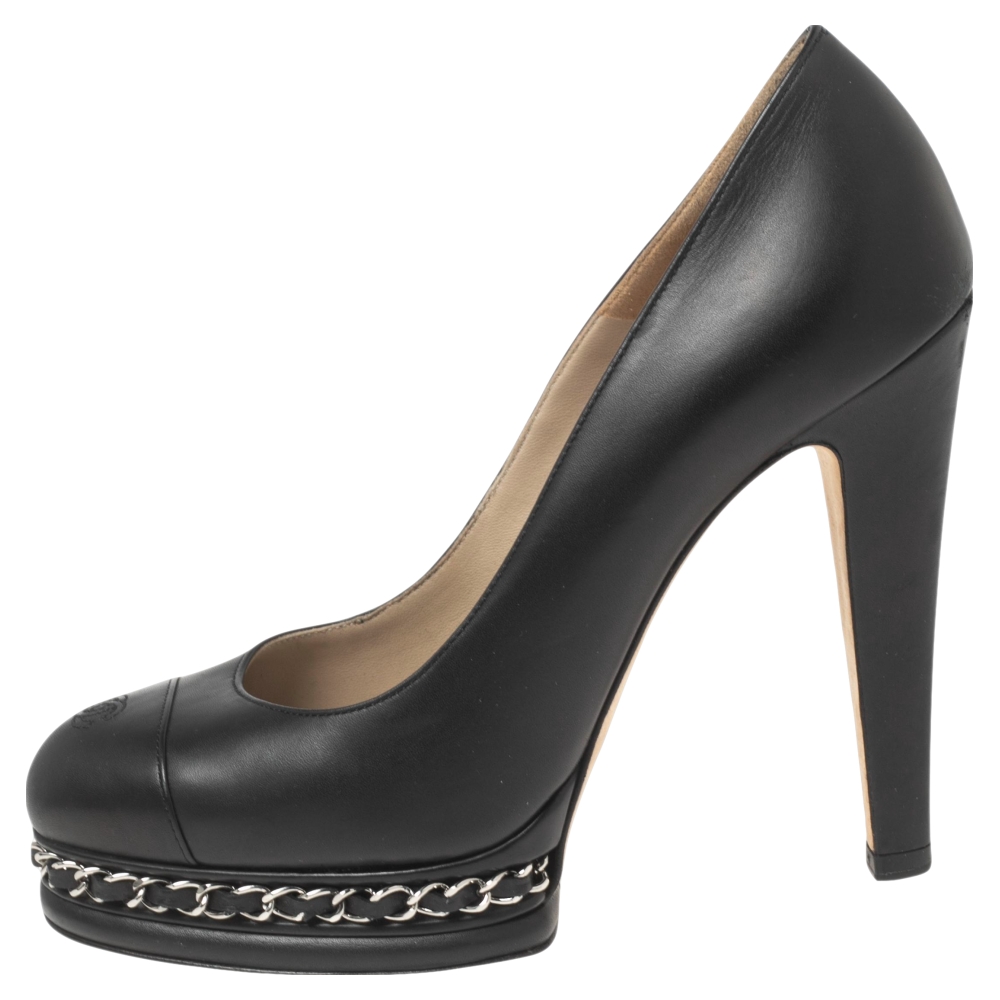 

Chanel Black Leather CC Cap-Toe Chain Platform Pumps Size