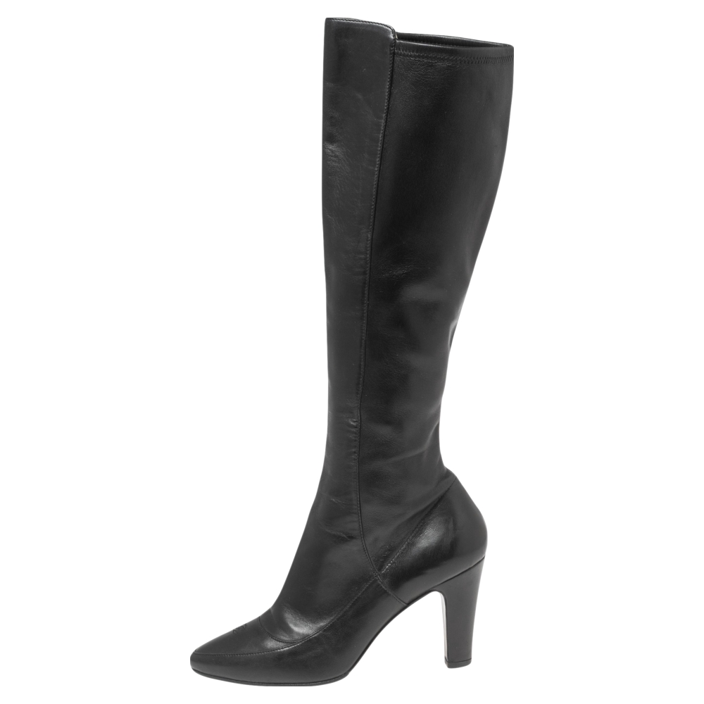 

Chanel Black Leather CC Knee Length Boots Size