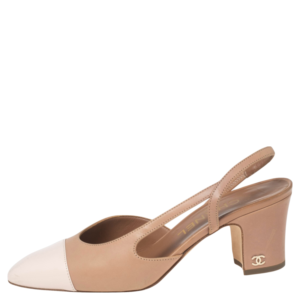 

Chanel Nude/Pink Leather and Patent Cap-Toe D'orsay Slingback Pumps Size