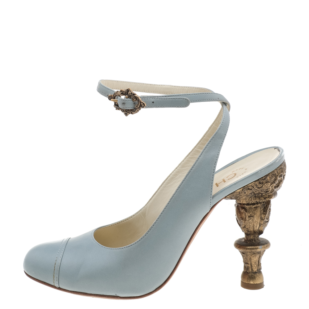 

Chanel Light Blue Leather Cap Toe Baroque Heel Ankle Strap Sandals Size