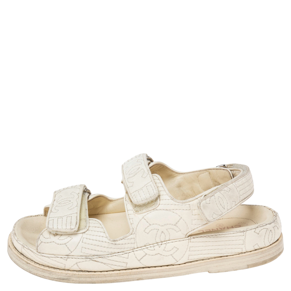 

Chanel Cream Quilted Leather CC Velcro Flat Sandals Size, White