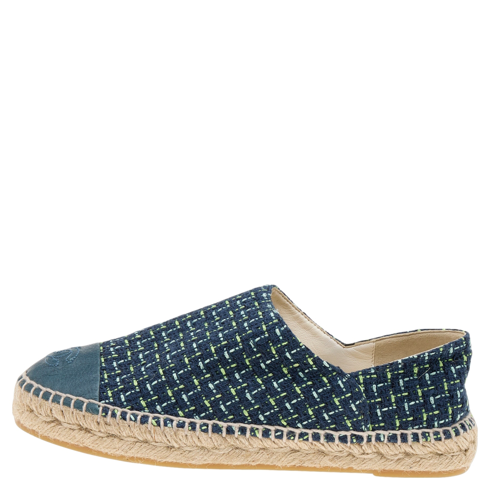 

Chanel Multicolor Tweed And Leather CC Cap Toe Espadrille Flats Size