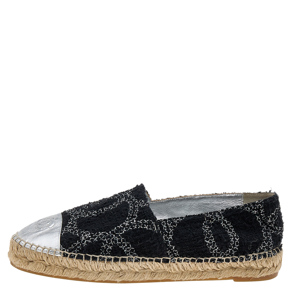 

Chanel Black/Silver Tweed And Leather CC Cap Toe Espadrille Flats Size