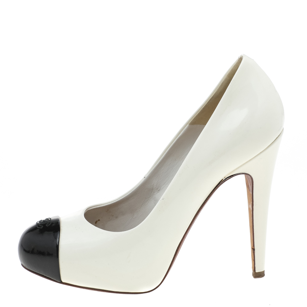 

Chanel White/Black Leather CC Cap Toe Platform Pumps Size