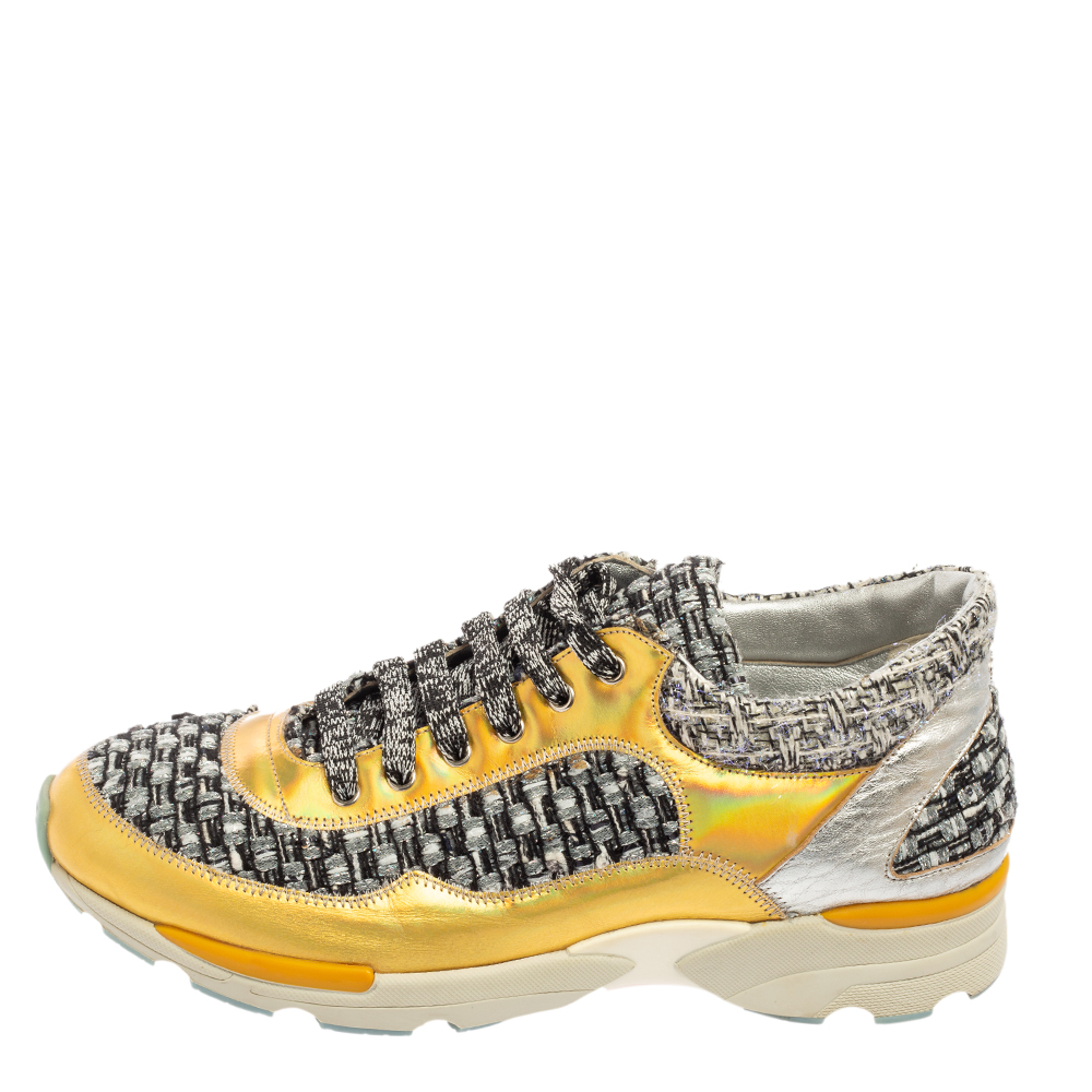 

Chanel Multicolor Tweed And Leather Lace Up Sneakers Size