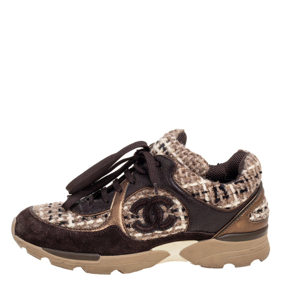 

Chanel Brown Tweed And Leather Low Top Sneakers Size
