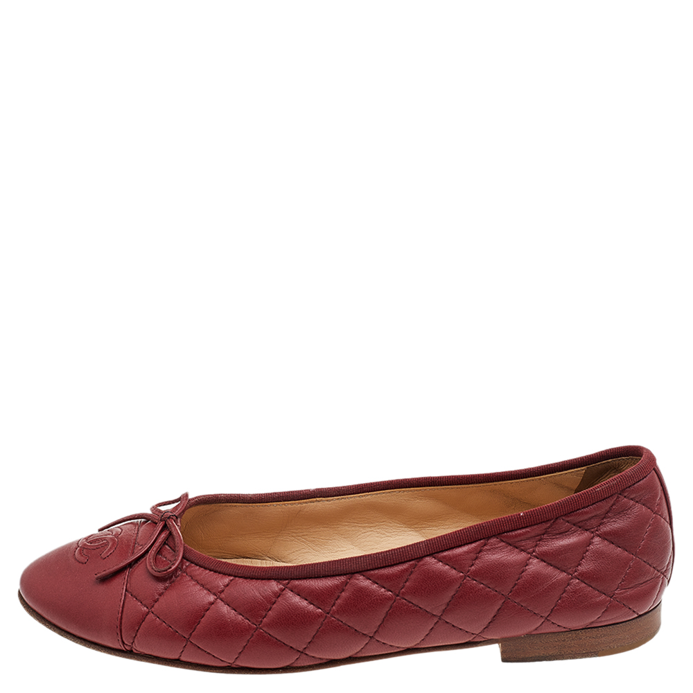 

Chanel Dark Red Quilted Leather CC Bow Ballet Flats Size