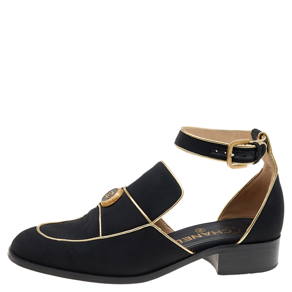 

Chanel Black/Gold Fabric And Leather CC Ankle Strap Loafer Sandals Size
