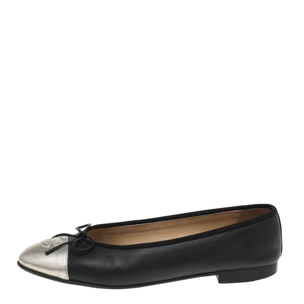 

Chanel Black/Gold Leather CC Bow Ballet Flats Size