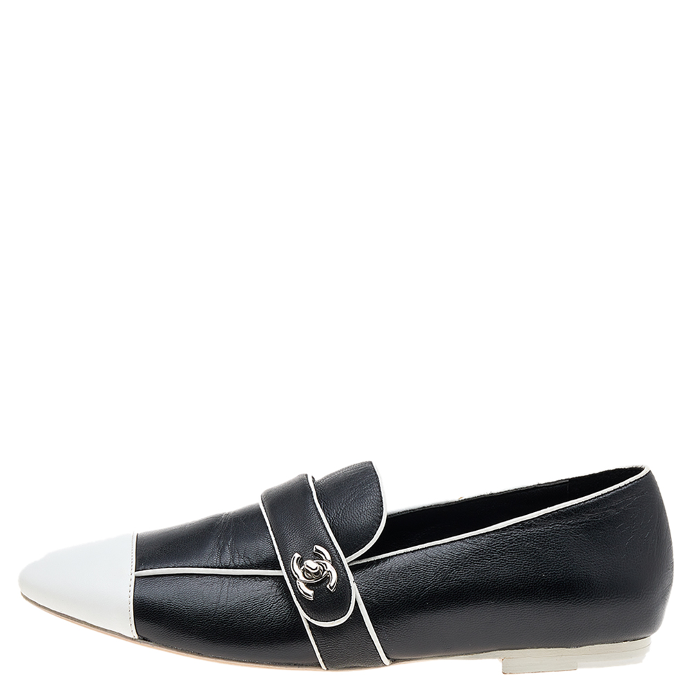 

Chanel Black/White Leather CC Cap Toe Slip On Loafers Size