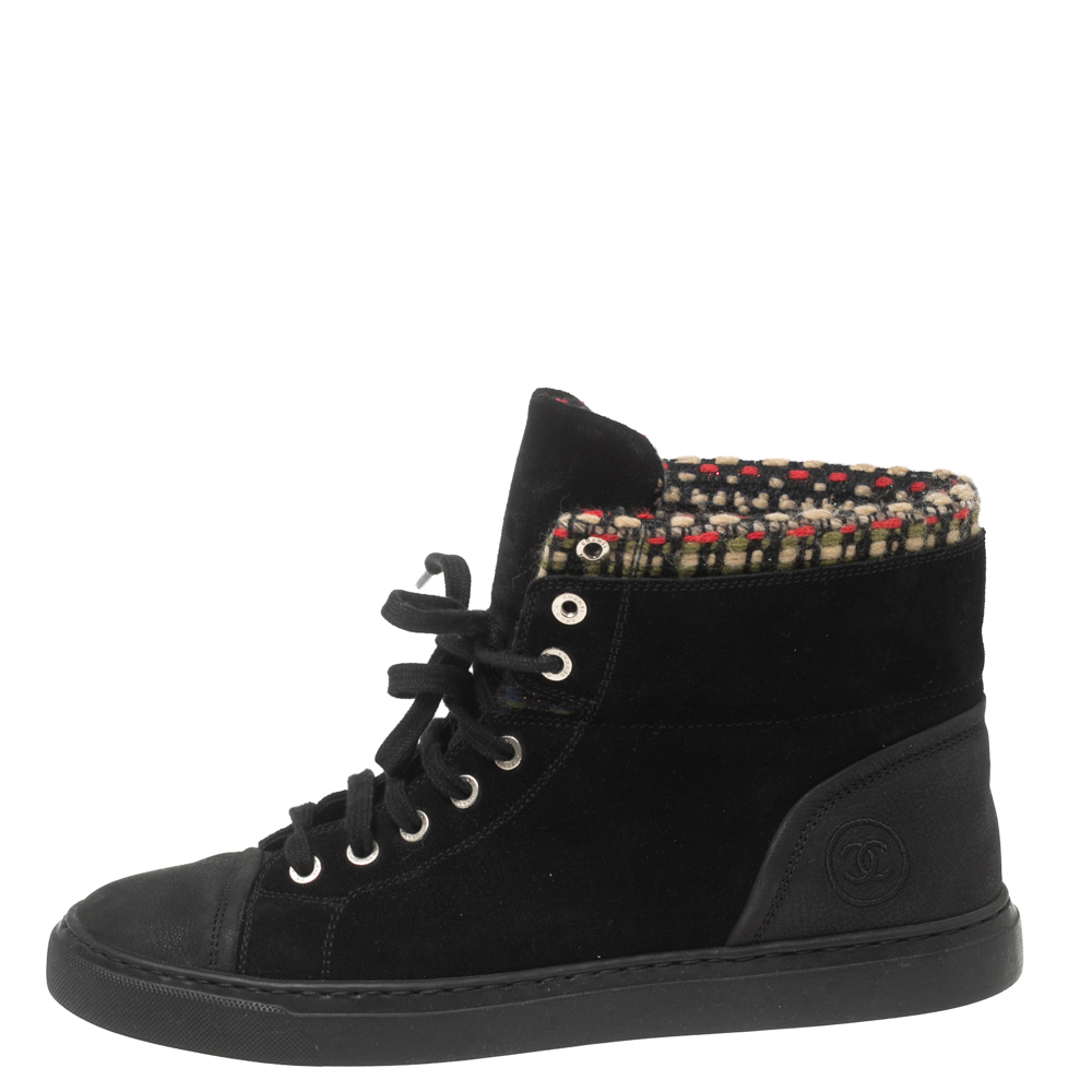 

Chanel Black Suede and Tweed High-Top Sneakers Size