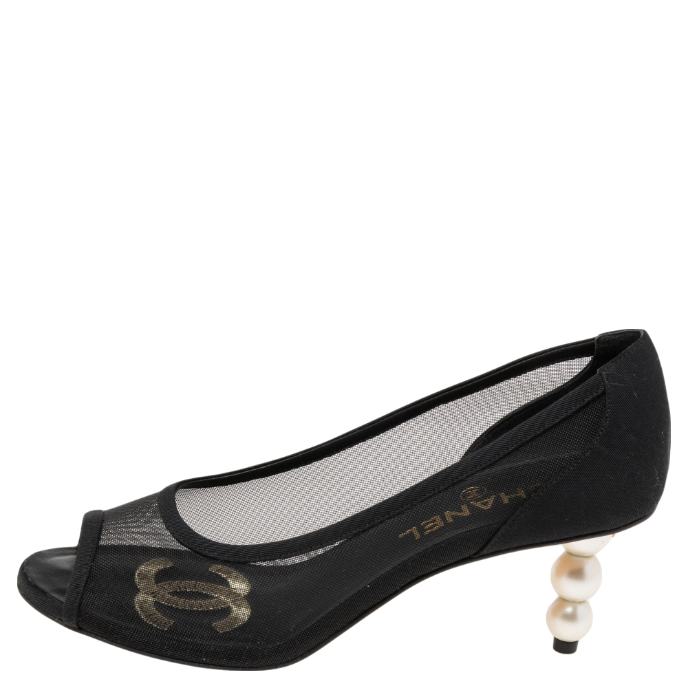 

Chanel Black Canvas And Mesh CC Peep Toe Pearl Heel Pumps Size
