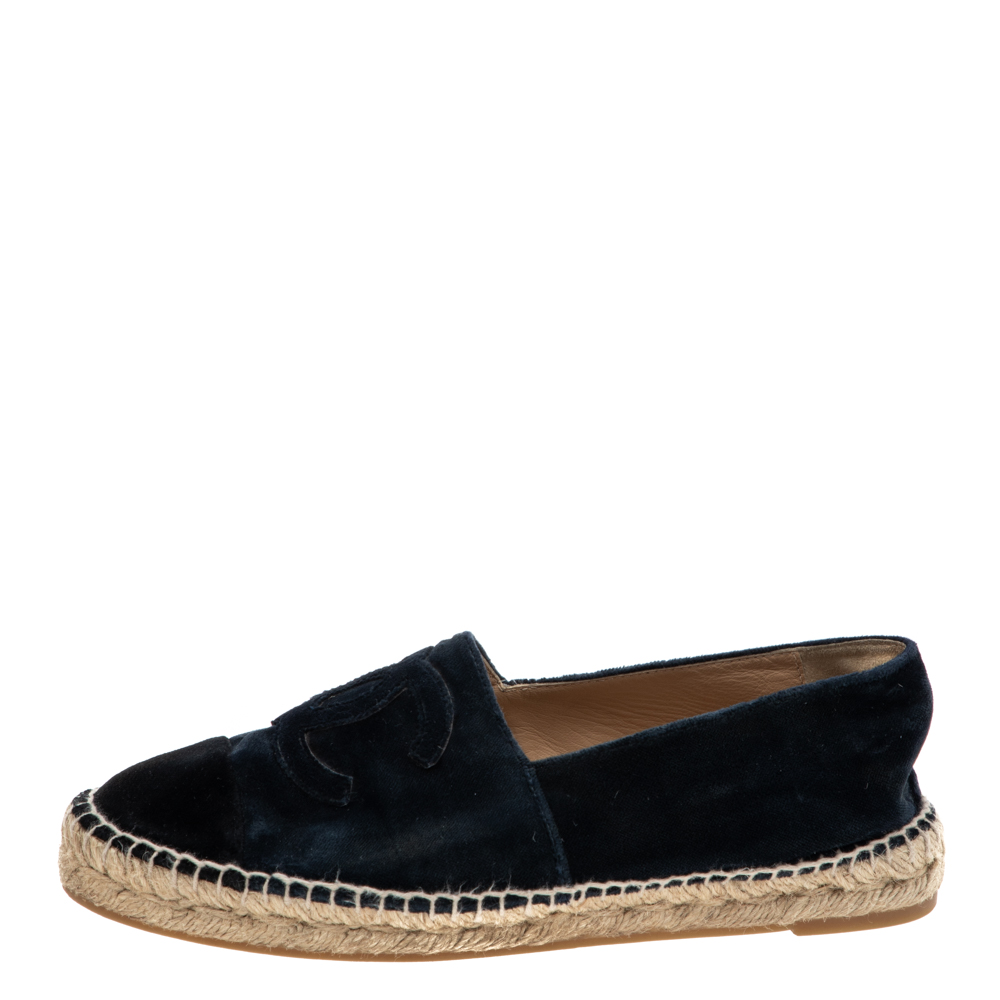 

Chanel Navy Blue Velvet CC Cap Toe Espadrille Flats Size