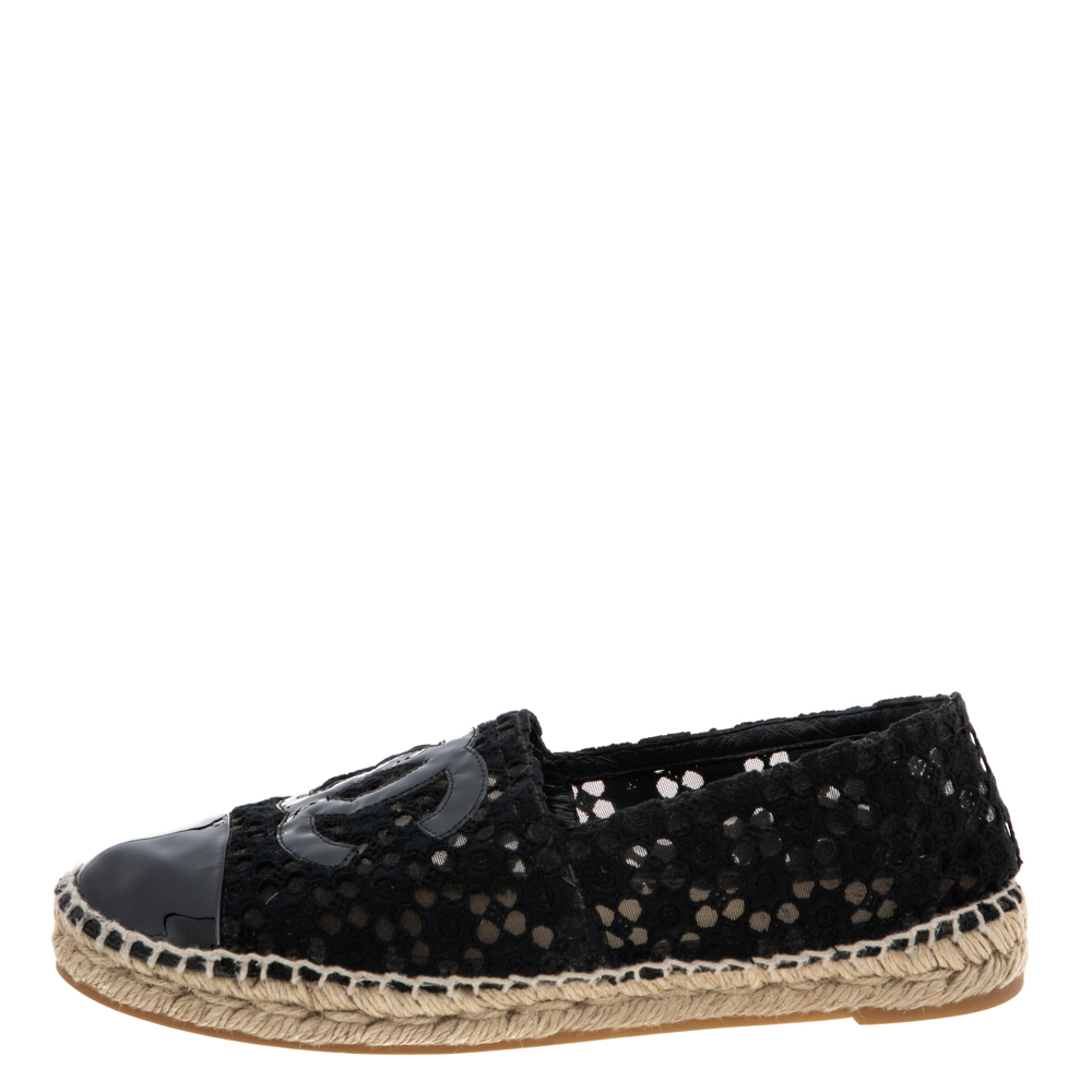 

Chanel Black Lace and Patent Leather CC Cap Toe Espadrille Flats Size