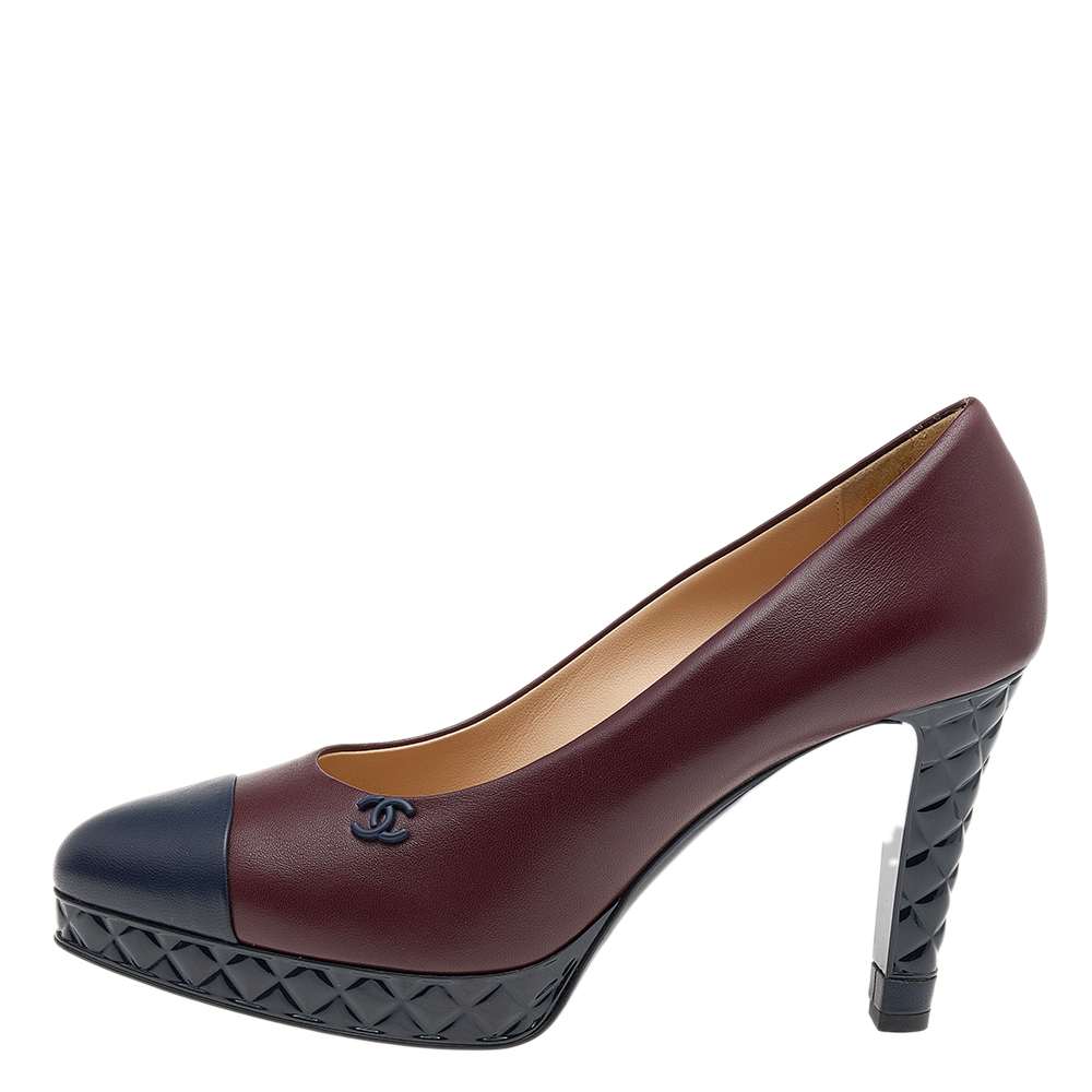 

Chanel Maroon/Blue Leather CC Cap Toe Quilted Platform Pumps Size, Red