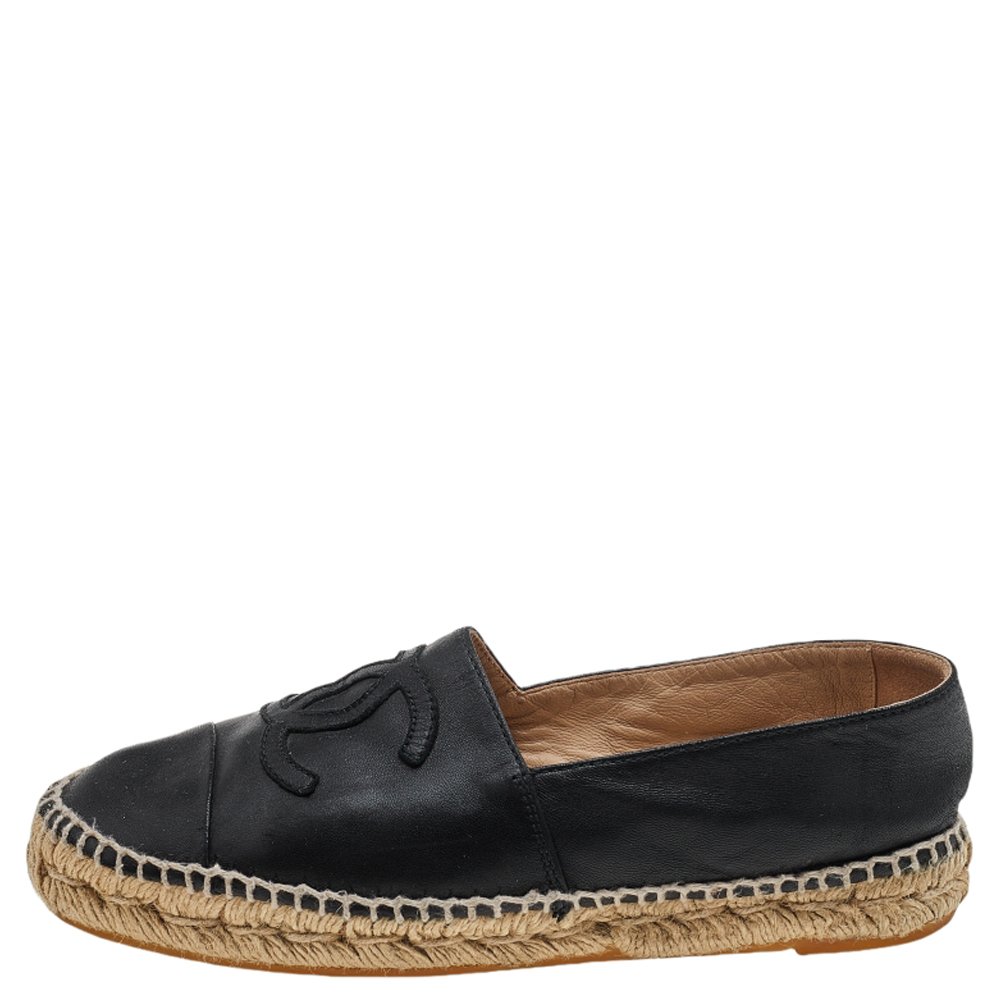 

Chanel Black Leather CC Cap Toe Espadrille Flats Size