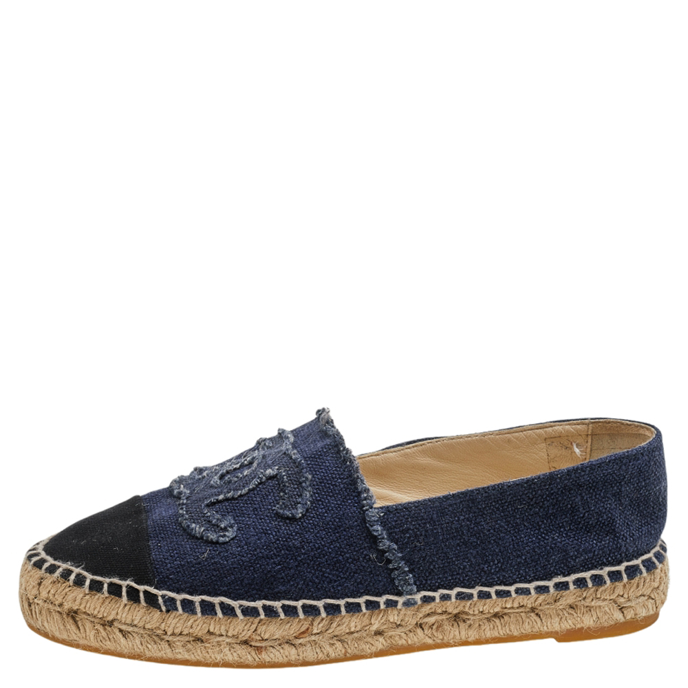 

Chanel Blue/Black Denim CC Cap Toe Espadrille Flats Size