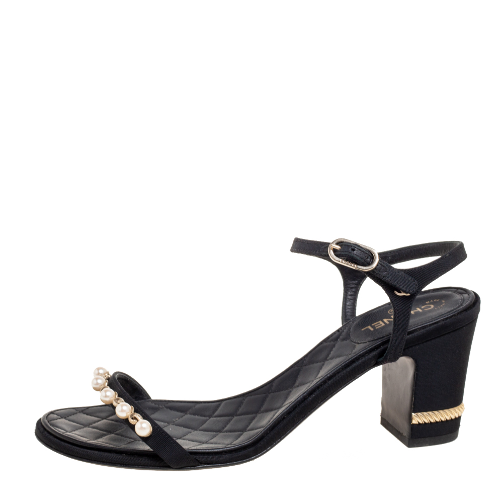 

Chanel Black Faux Pearl Embellished Fabric Ankle-Strap Sandals Size