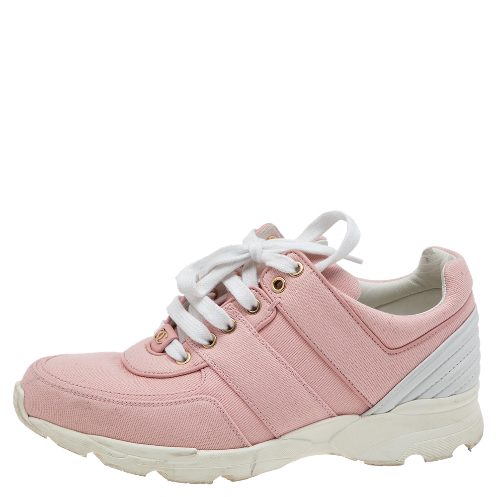 

Chanel Pink/White Canvas And Leather CC Low Top Sneakers Size