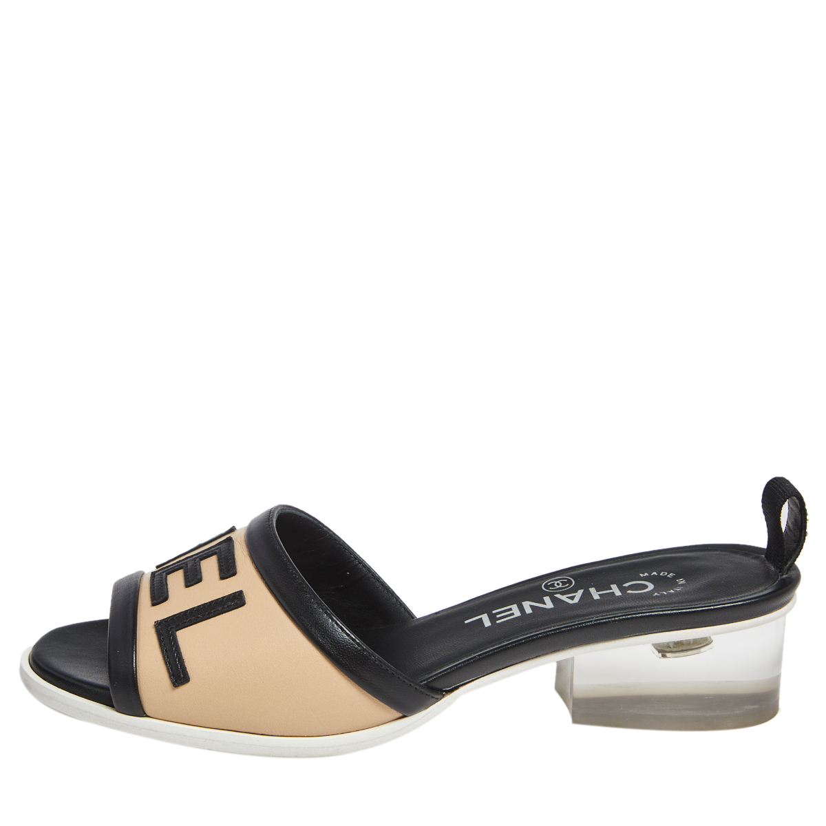 

Chanel Black/Beige Leather Logo Slide Sandals Size