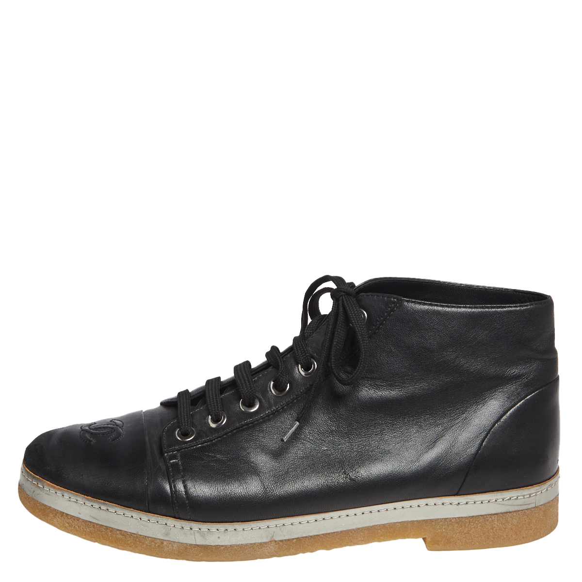

Chanel Black Leather CC Ankle Boots Size