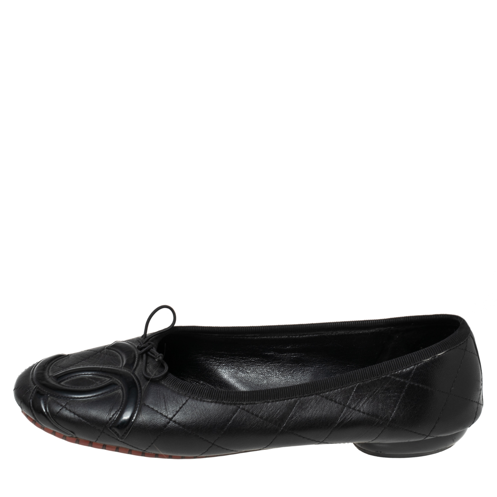 

Chanel Black Leather And Patent CC Ligne Cambon Ballet Flats Size
