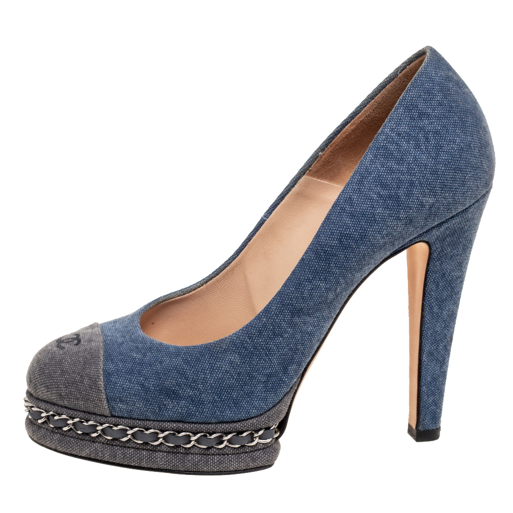 

Chanel Blue/Grey Denim CC Cap-Toe Chain Detail Platform Pumps Size