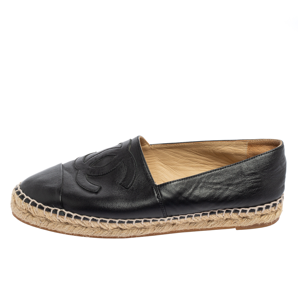 

Chanel Black Leather CC Cap Toe Flat Espadrilles Size