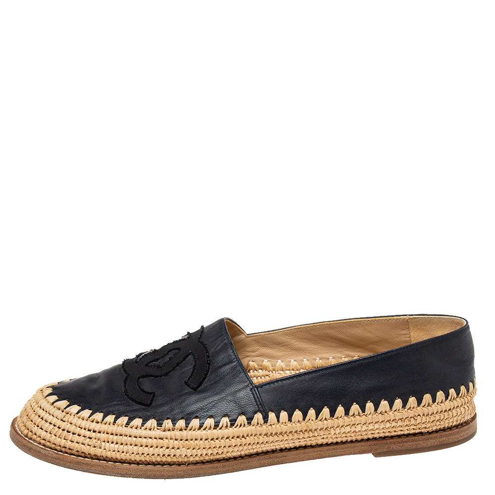 

Chanel Navy Blue Leather CC Flat Espadrilles Size