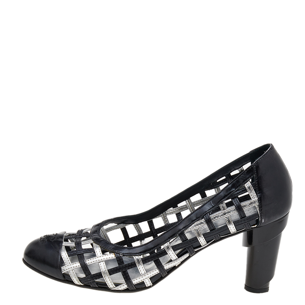 

Chanel Black/Silver Woven Leather Block Heel Pumps Size