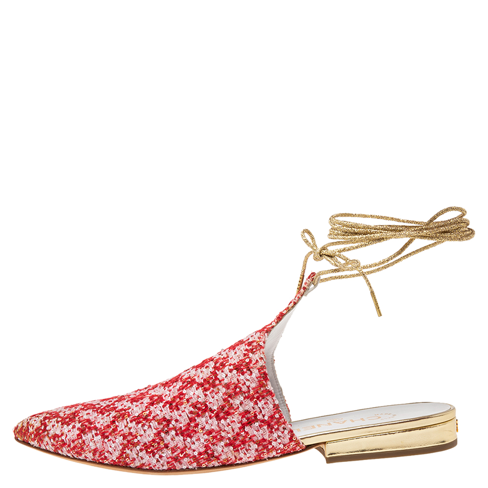 

Chanel Red/White Knit Fabric And Sequins Mule Flats Size