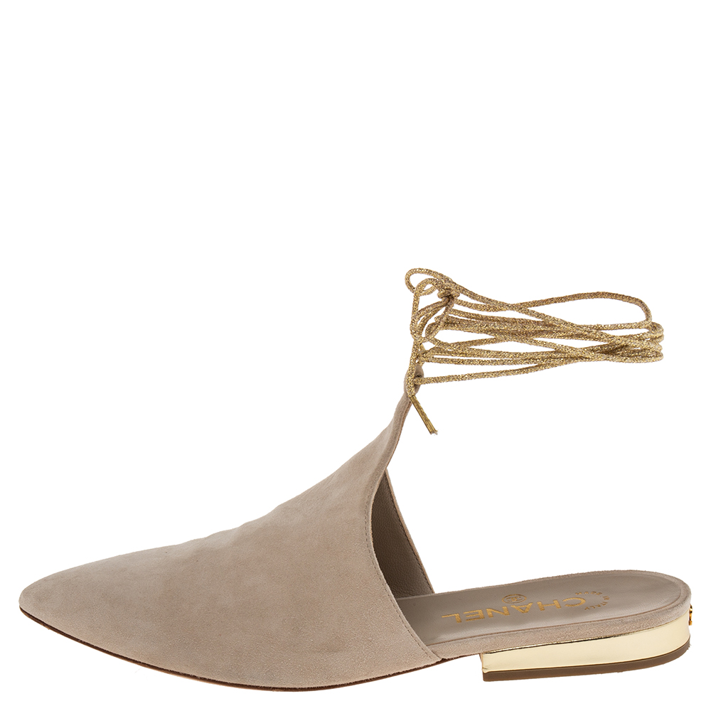 

Chanel Grey Suede Ankle Wrap Mule Sandals Size