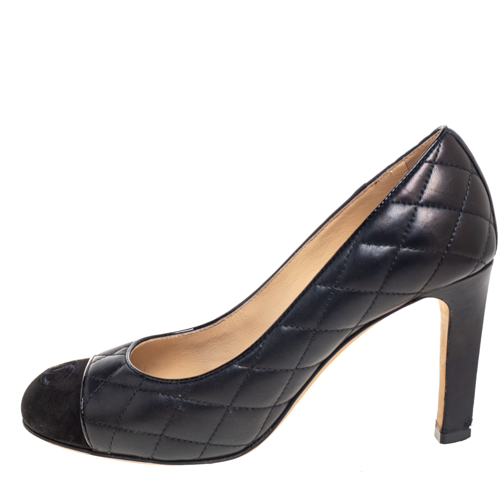 

Chanel Black Quilted Leather CC Cap Toe Pumps Size