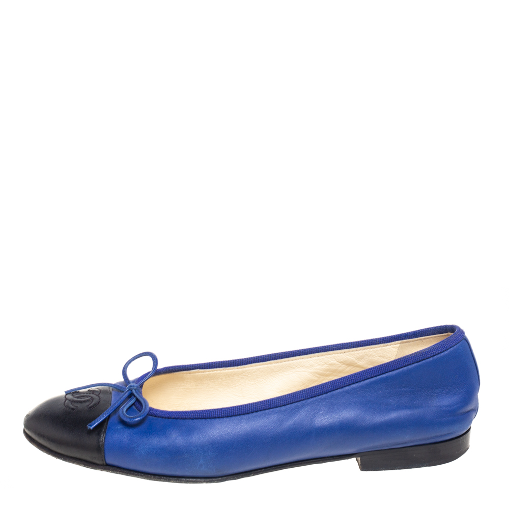 

Chanel Royal Blue/Black Leather Bow CC Cap Toe Ballet Flats Size