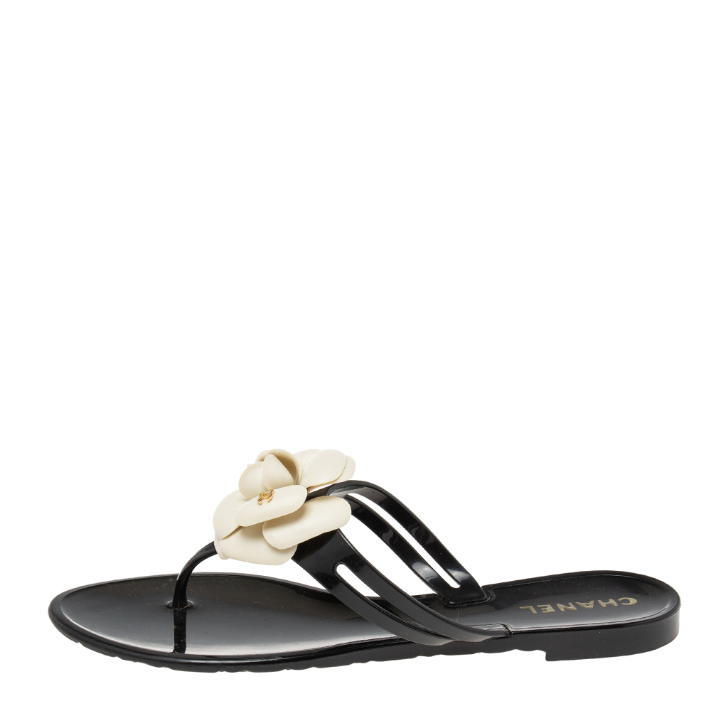 

Chanel Black Jelly Camellia Thong Flat Sandals Size