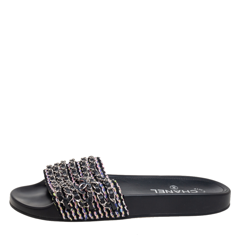 

Chanel Black Tweed Tropiconic Chain Flat Slides Size